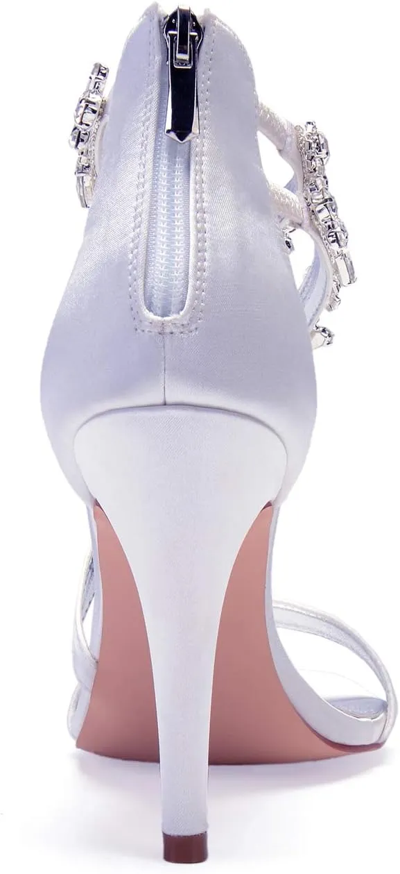 Women's Women's Open Toe Ankle Buckle Straps Pump Crystal Stiletto Sandals Heels Satin Wedding Bridal Shoes for Party Wedding