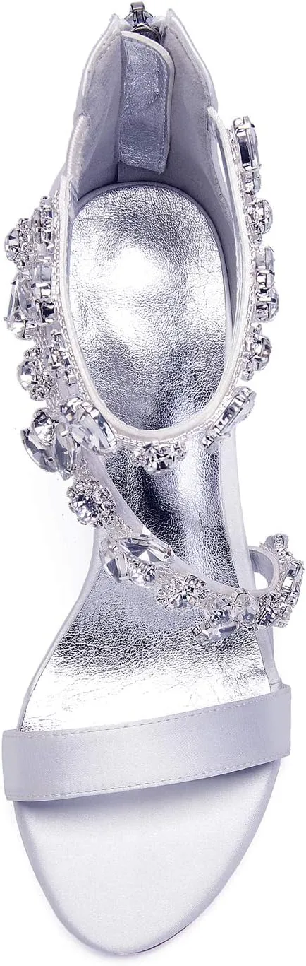 Women's Women's Open Toe Ankle Buckle Straps Pump Crystal Stiletto Sandals Heels Satin Wedding Bridal Shoes for Party Wedding