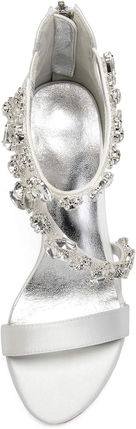 Women's Women's Open Toe Ankle Buckle Straps Pump Crystal Stiletto Sandals Heels Satin Wedding Bridal Shoes for Party Wedding