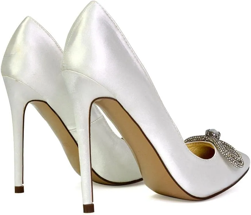 Womens Wrap Around Rhinestones Bow Ladies Pointed Toe High Heel Bridal Party Court Shoes Size 3 4 5 6 7 8