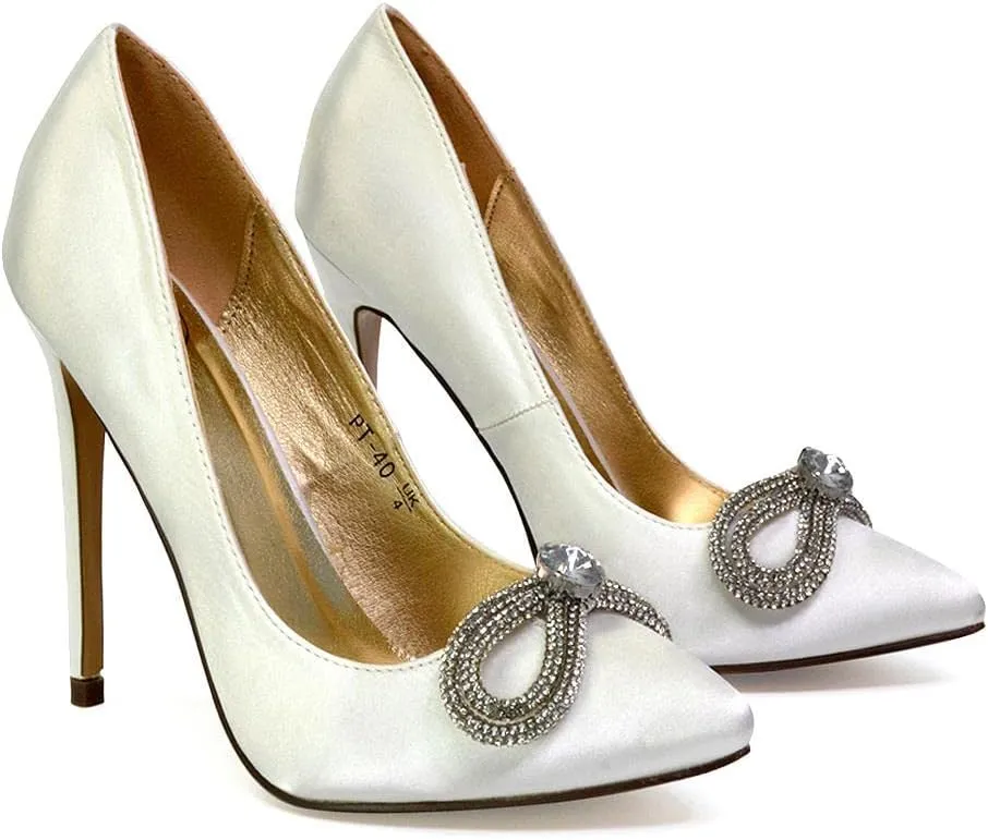 Womens Wrap Around Rhinestones Bow Ladies Pointed Toe High Heel Bridal Party Court Shoes Size 3 4 5 6 7 8