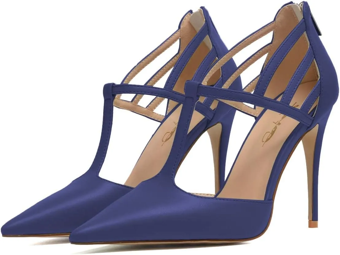 XYD High Stiletto Heels Pumps for Women T-strap Cut Out Pointed Toe Strappy Back Zip Office Lady Dress Party Sandal Shoes
