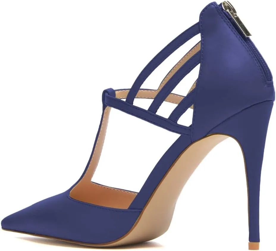 XYD High Stiletto Heels Pumps for Women T-strap Cut Out Pointed Toe Strappy Back Zip Office Lady Dress Party Sandal Shoes