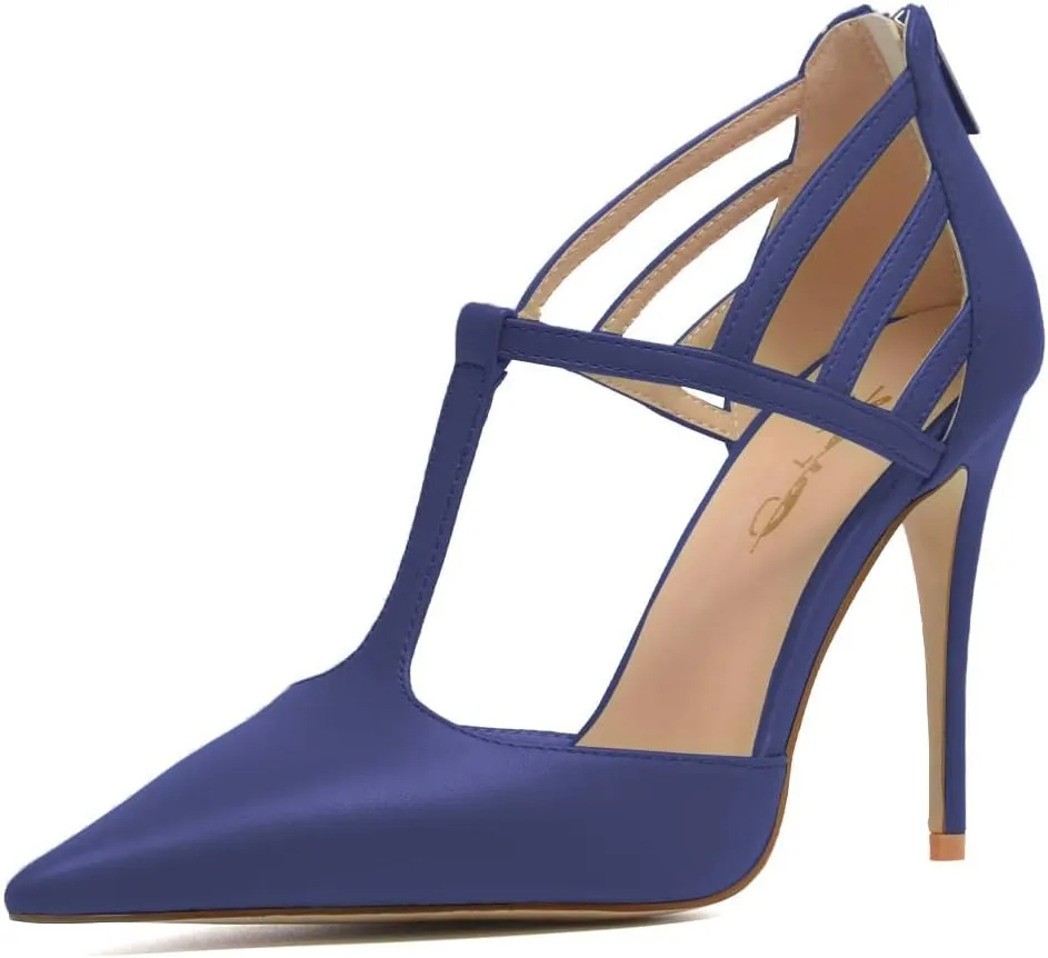 XYD High Stiletto Heels Pumps for Women T-strap Cut Out Pointed Toe Strappy Back Zip Office Lady Dress Party Sandal Shoes