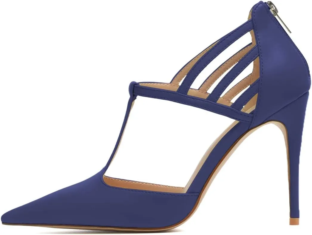 XYD High Stiletto Heels Pumps for Women T-strap Cut Out Pointed Toe Strappy Back Zip Office Lady Dress Party Sandal Shoes