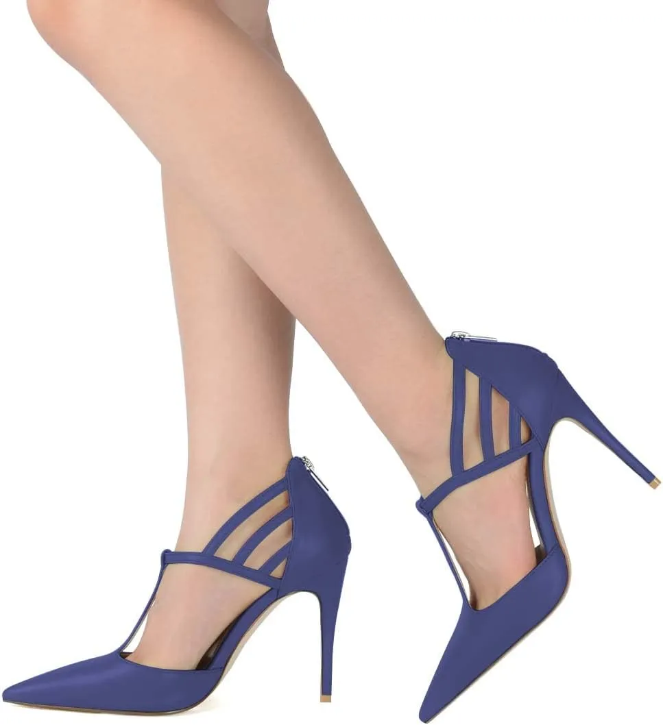 XYD High Stiletto Heels Pumps for Women T-strap Cut Out Pointed Toe Strappy Back Zip Office Lady Dress Party Sandal Shoes