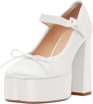 XYD Women Bowknot Closed Square Toe Super High Block Heel Strappy Platform Pumps Fashion Party Satin Shoes