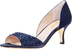 XYD Women Peep Toe Rhinestones Crystals D'Orsay Sandals Sexy Kitten Mid Heel Slip On Evening Wedding Party Graceful Satin Shoes