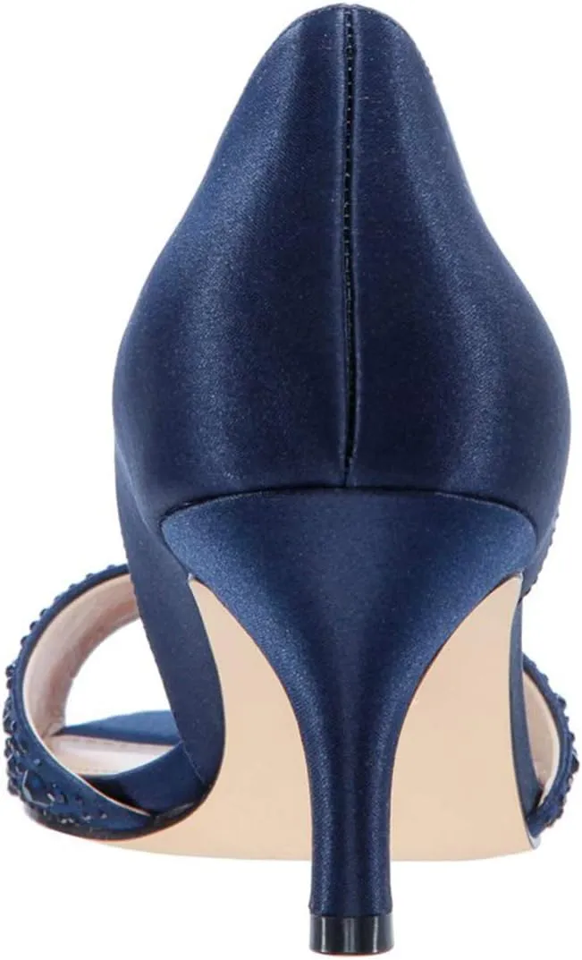 XYD Women Peep Toe Rhinestones Crystals D'Orsay Sandals Sexy Kitten Mid Heel Slip On Evening Wedding Party Graceful Satin Shoes