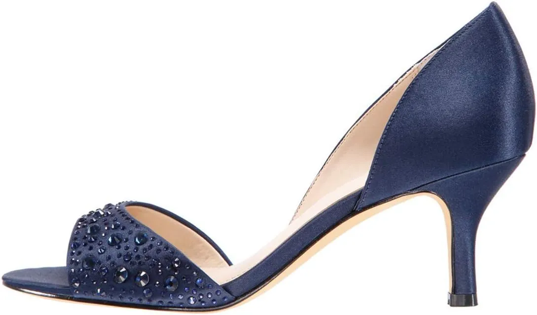 XYD Women Peep Toe Rhinestones Crystals D'Orsay Sandals Sexy Kitten Mid Heel Slip On Evening Wedding Party Graceful Satin Shoes