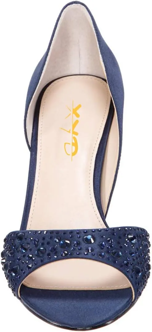 XYD Women Peep Toe Rhinestones Crystals D'Orsay Sandals Sexy Kitten Mid Heel Slip On Evening Wedding Party Graceful Satin Shoes