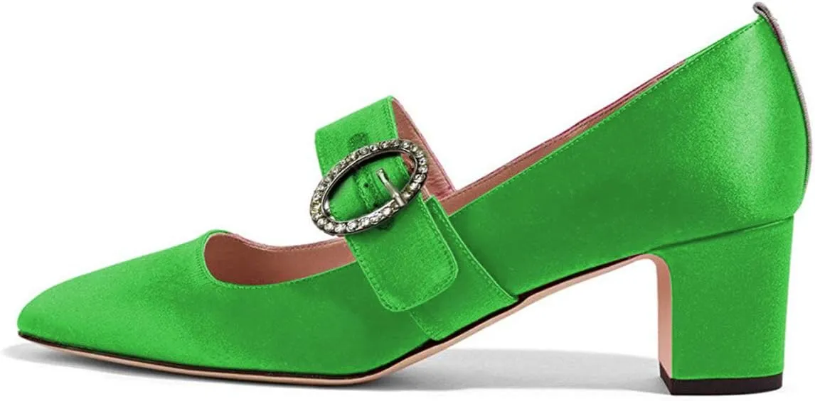 XYD Women Vintage Retro Mary Jane Pumps Graceful Satin Closed Round Toe Single Strap with Delicate Buckle Block Heels Dress Shoes