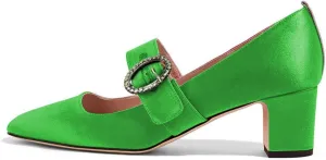 XYD Women Vintage Retro Mary Jane Pumps Graceful Satin Closed Round Toe Single Strap with Delicate Buckle Block Heels Dress Shoes