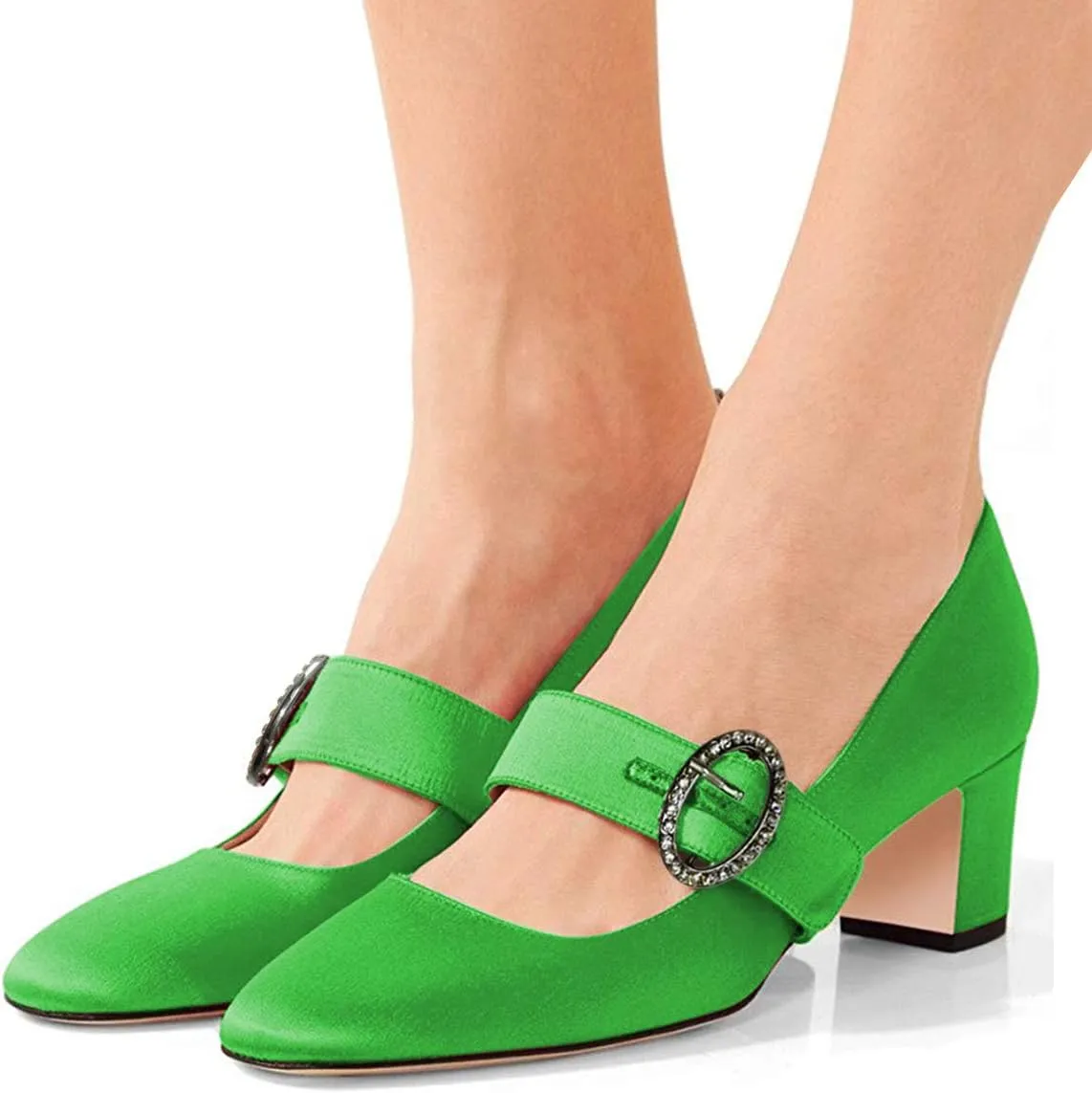 XYD Women Vintage Retro Mary Jane Pumps Graceful Satin Closed Round Toe Single Strap with Delicate Buckle Block Heels Dress Shoes