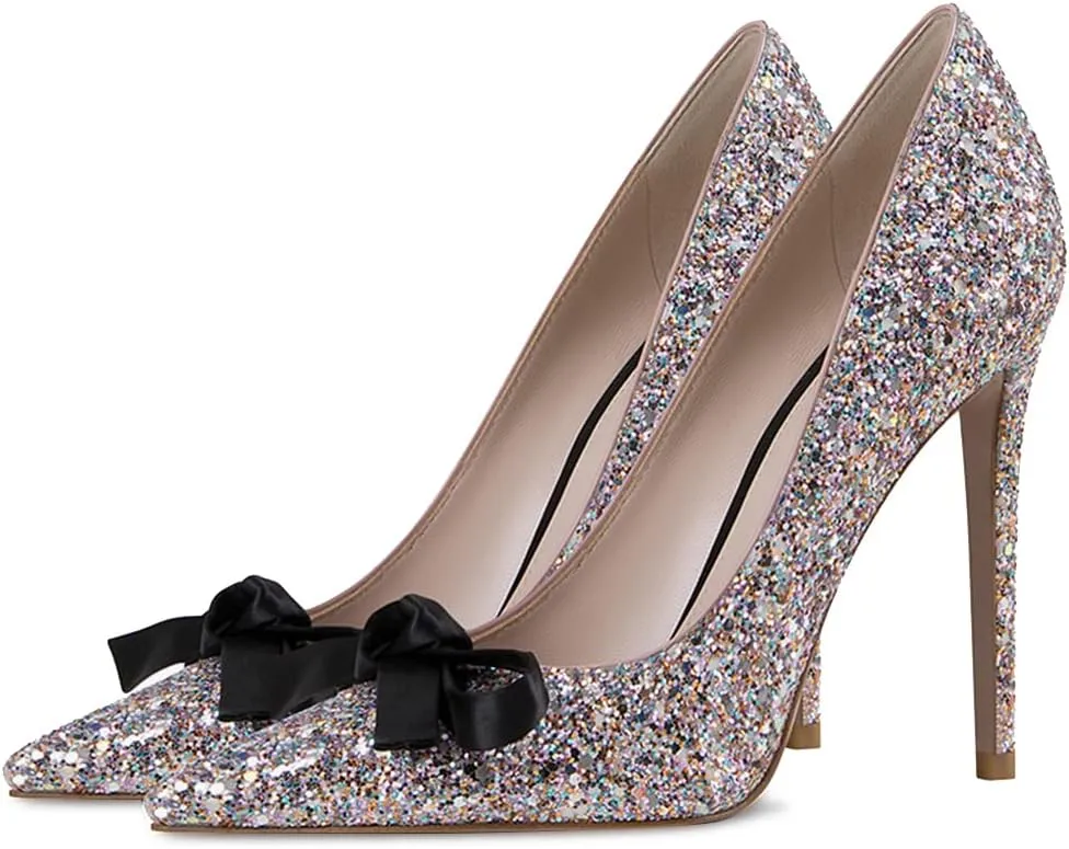 XYD Women's Glitter Sequin Pumps Flash Rhinestones Silk Bowknot Pointy Toe Slip On Stiletto High Heels Gorgeous Wedding Bridal Chic Dress Prom Shoes