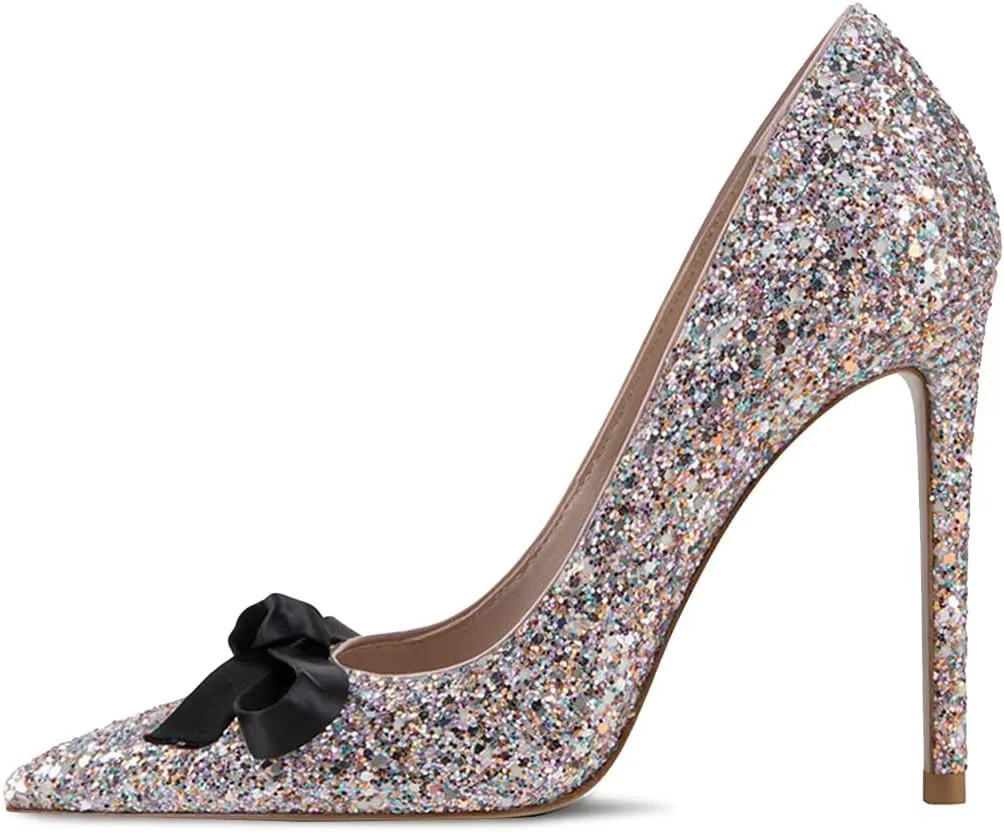 XYD Women's Glitter Sequin Pumps Flash Rhinestones Silk Bowknot Pointy Toe Slip On Stiletto High Heels Gorgeous Wedding Bridal Chic Dress Prom Shoes