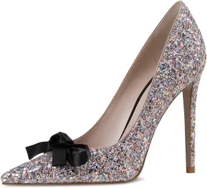 XYD Women's Glitter Sequin Pumps Flash Rhinestones Silk Bowknot Pointy Toe Slip On Stiletto High Heels Gorgeous Wedding Bridal Chic Dress Prom Shoes