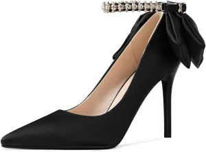 XYD Womens High Heels Back Bowtie Bridal Wedding Shoes Satin Pointed Closed Toe Elegant Stiletto Rhinestone Ankle Strap Evening Party Sandals