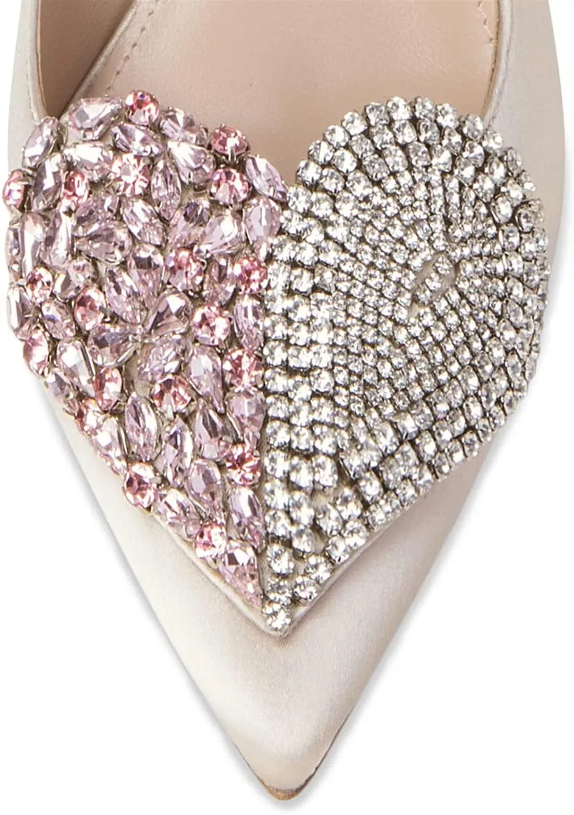 XYD Women's Pointed Toe Heart Shaped with Stitching Rhinestones Studded Slip On Stiletto Heels Sexy Wedding Pumps Shoes