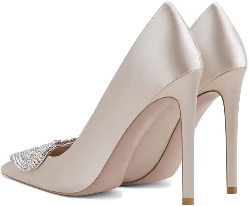 XYD Women's Pointed Toe Heart Shaped with Stitching Rhinestones Studded Slip On Stiletto Heels Sexy Wedding Pumps Shoes