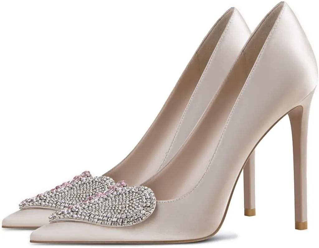 XYD Women's Pointed Toe Heart Shaped with Stitching Rhinestones Studded Slip On Stiletto Heels Sexy Wedding Pumps Shoes
