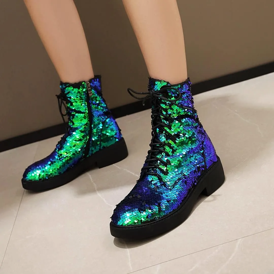 YIYA Women's Lace Up Glitter Sequin Combat Boots Round Toe Chunky Low Heel Side Zipper Sparkly Ankle Booties