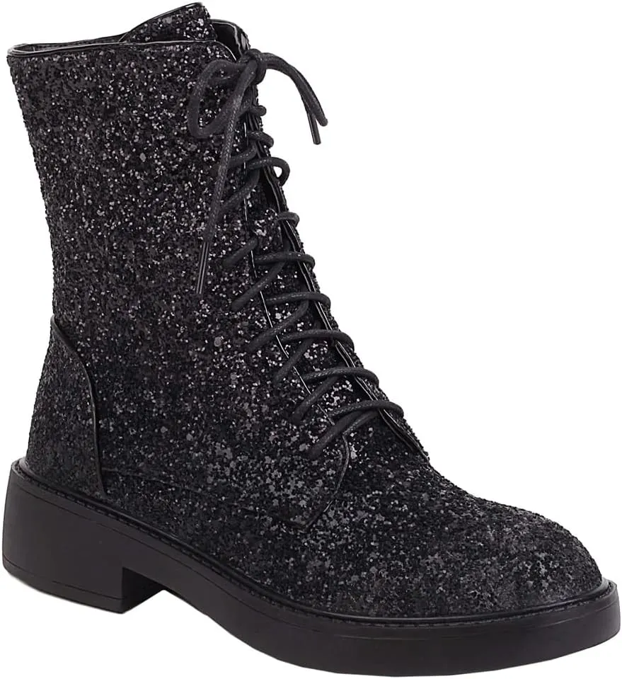 YIYA Women's Lace Up Glitter Sequin Combat Boots Round Toe Chunky Low Heel Side Zipper Sparkly Ankle Booties