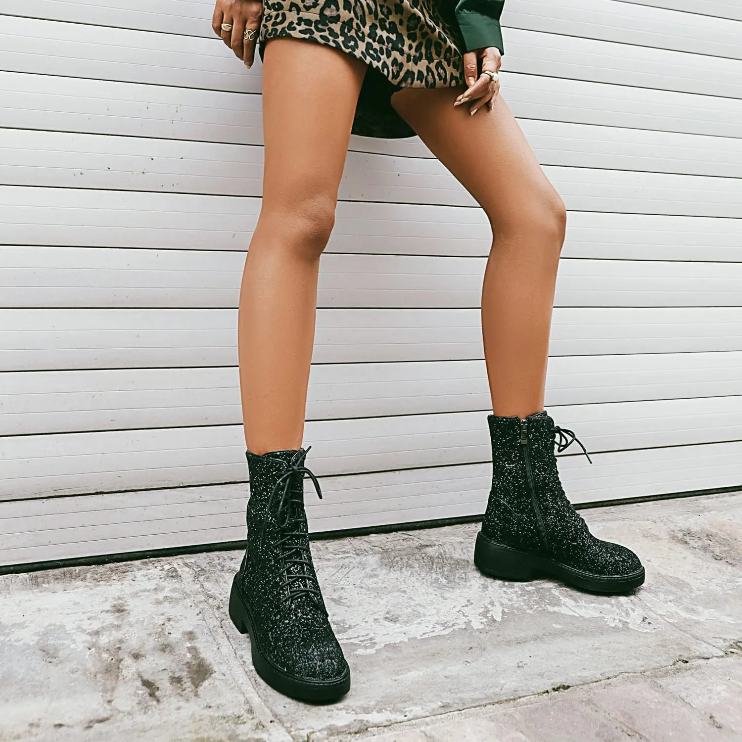 YIYA Women's Lace Up Glitter Sequin Combat Boots Round Toe Chunky Low Heel Side Zipper Sparkly Ankle Booties