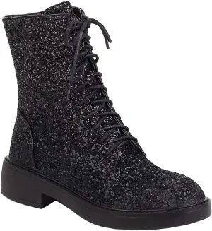YIYA Women's Lace Up Glitter Sequin Combat Boots Round Toe Chunky Low Heel Side Zipper Sparkly Ankle Booties