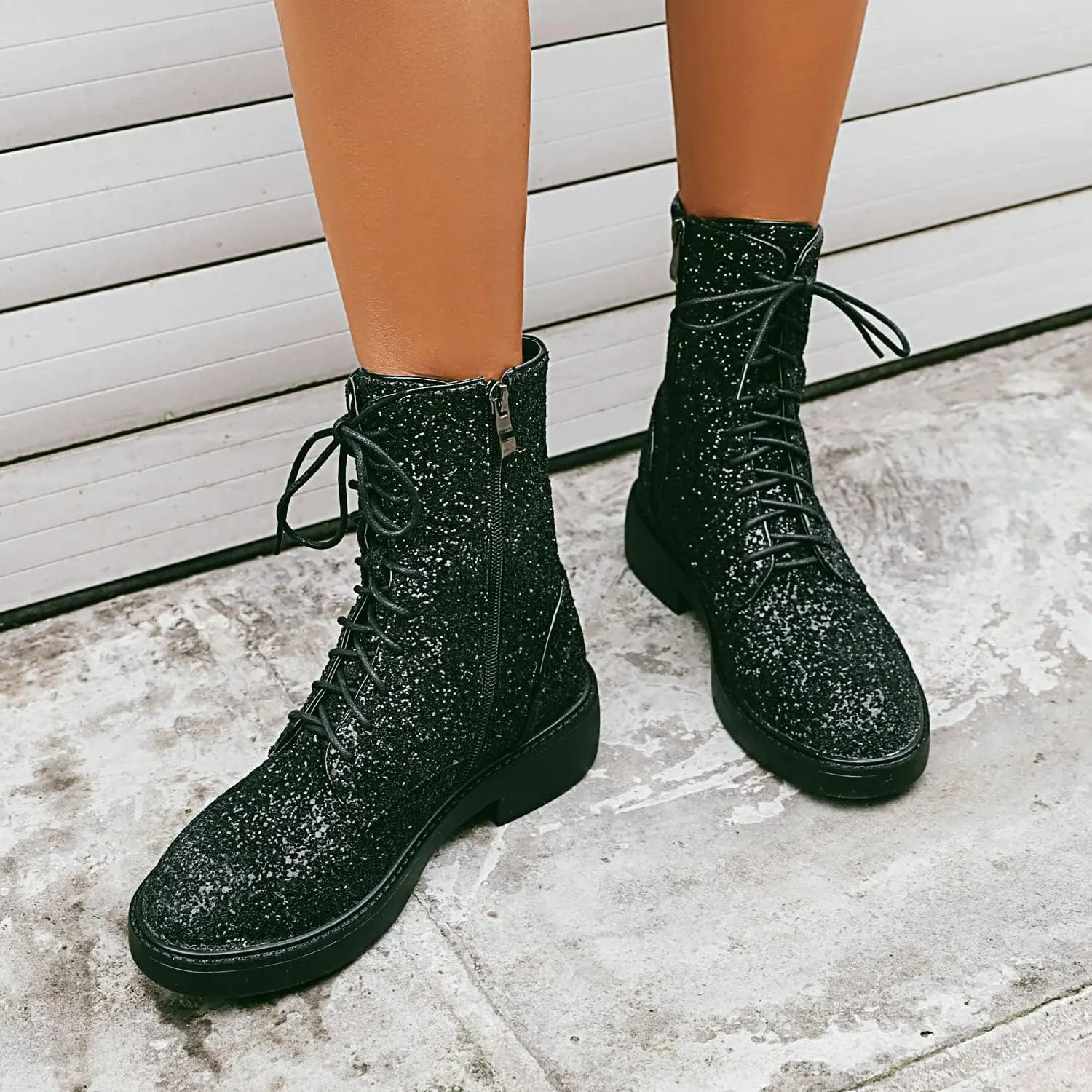 YIYA Women's Lace Up Glitter Sequin Combat Boots Round Toe Chunky Low Heel Side Zipper Sparkly Ankle Booties