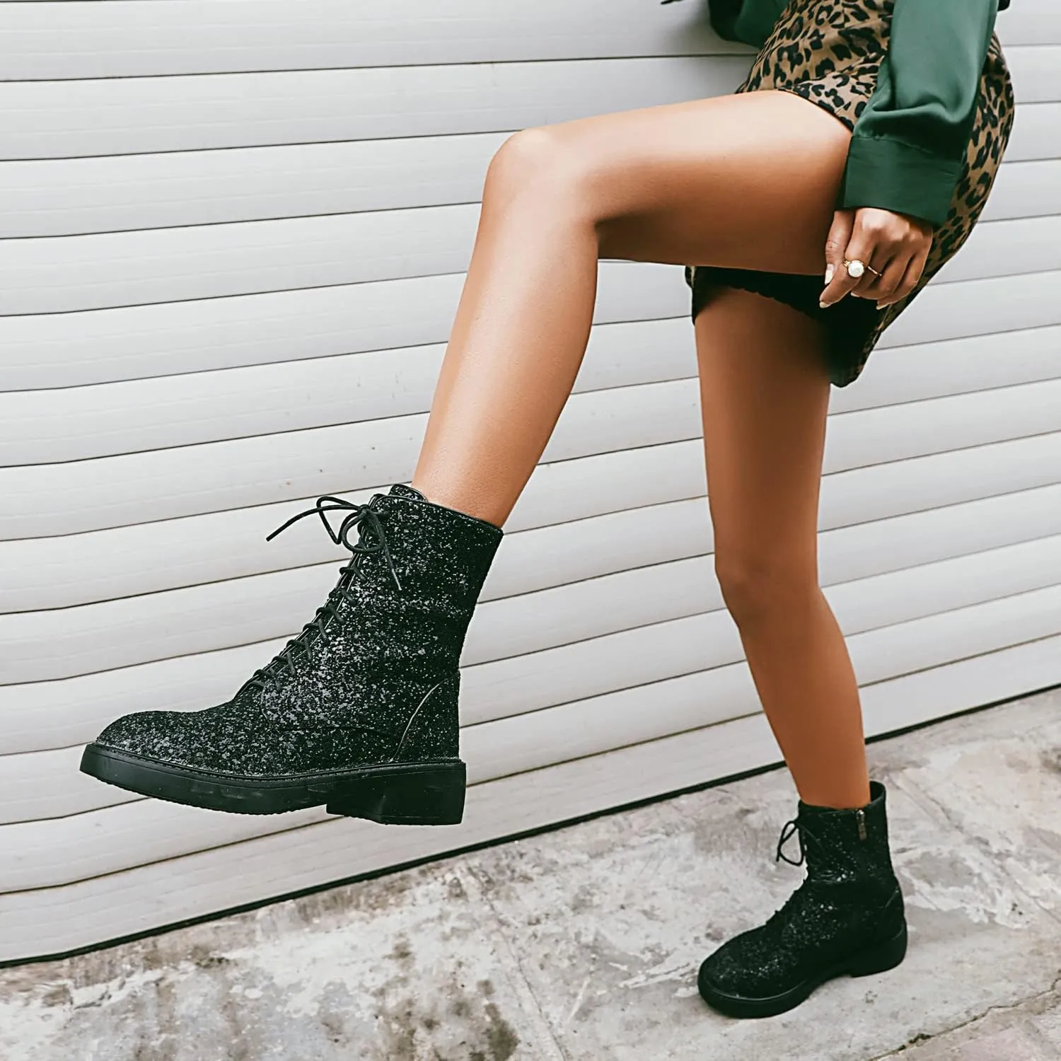 YIYA Women's Lace Up Glitter Sequin Combat Boots Round Toe Chunky Low Heel Side Zipper Sparkly Ankle Booties