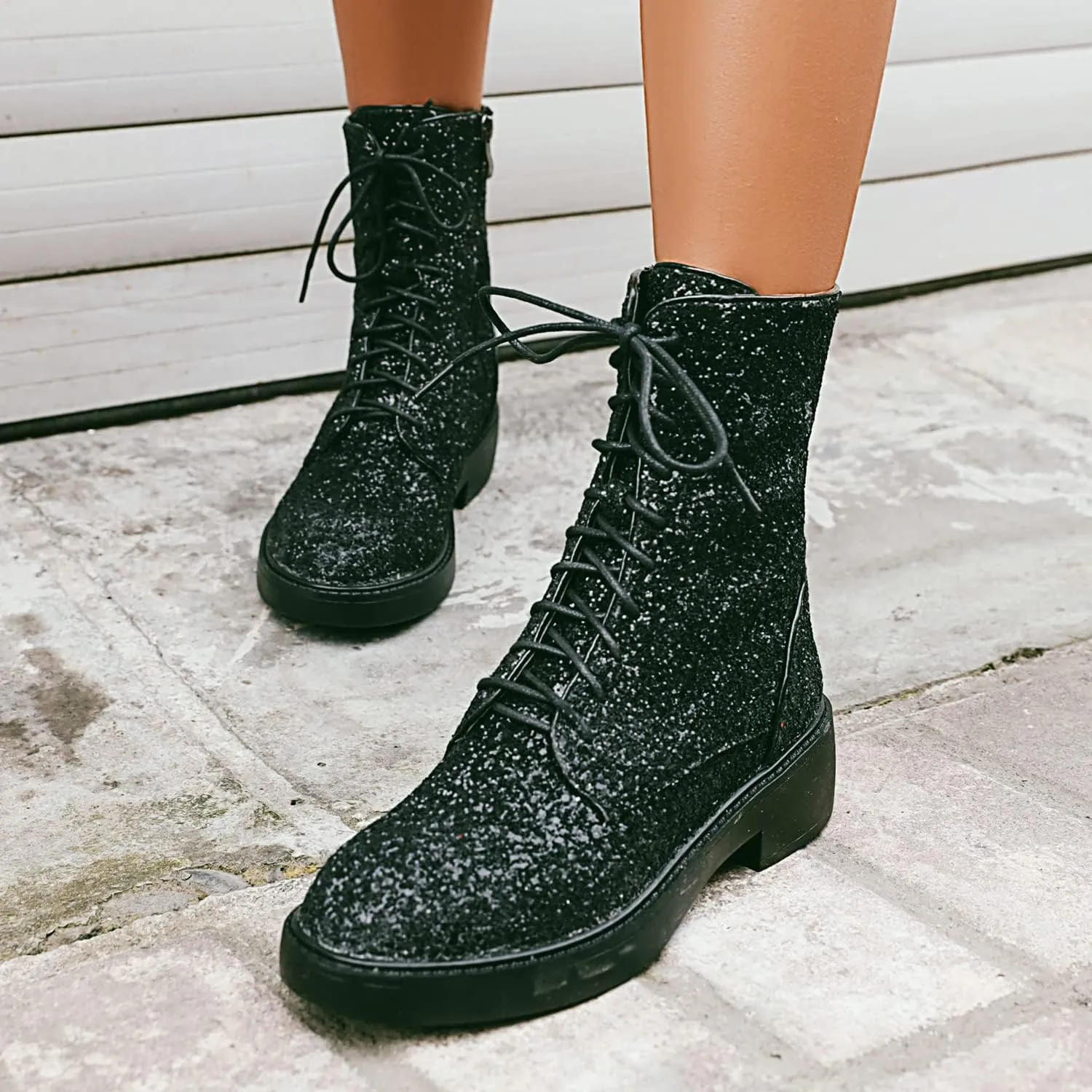 YIYA Women's Lace Up Glitter Sequin Combat Boots Round Toe Chunky Low Heel Side Zipper Sparkly Ankle Booties