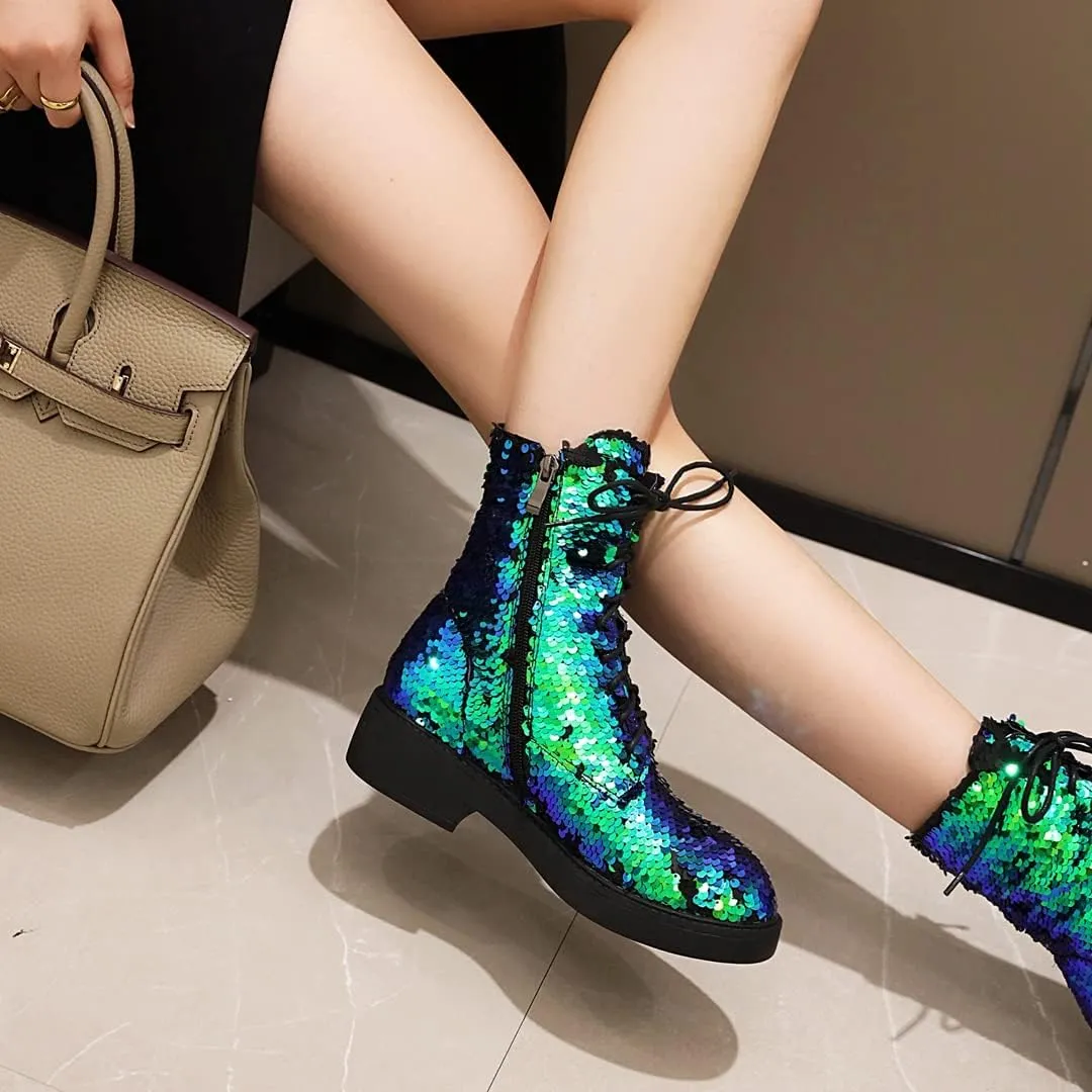 YIYA Women's Lace Up Glitter Sequin Combat Boots Round Toe Chunky Low Heel Side Zipper Sparkly Ankle Booties
