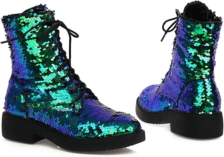 YIYA Women's Lace Up Glitter Sequin Combat Boots Round Toe Chunky Low Heel Side Zipper Sparkly Ankle Booties