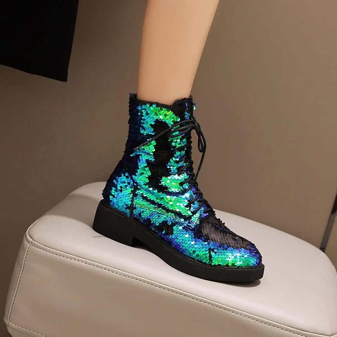YIYA Women's Lace Up Glitter Sequin Combat Boots Round Toe Chunky Low Heel Side Zipper Sparkly Ankle Booties