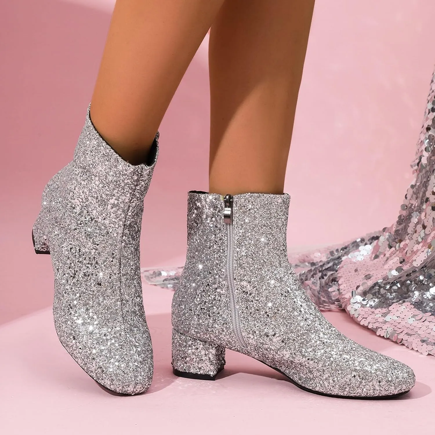 Zipper Glitter Boots For Women Chunky Heel Ankle Booties Silver Sparkle Boots 70'S Disco Boots Sequin Wedding Boots