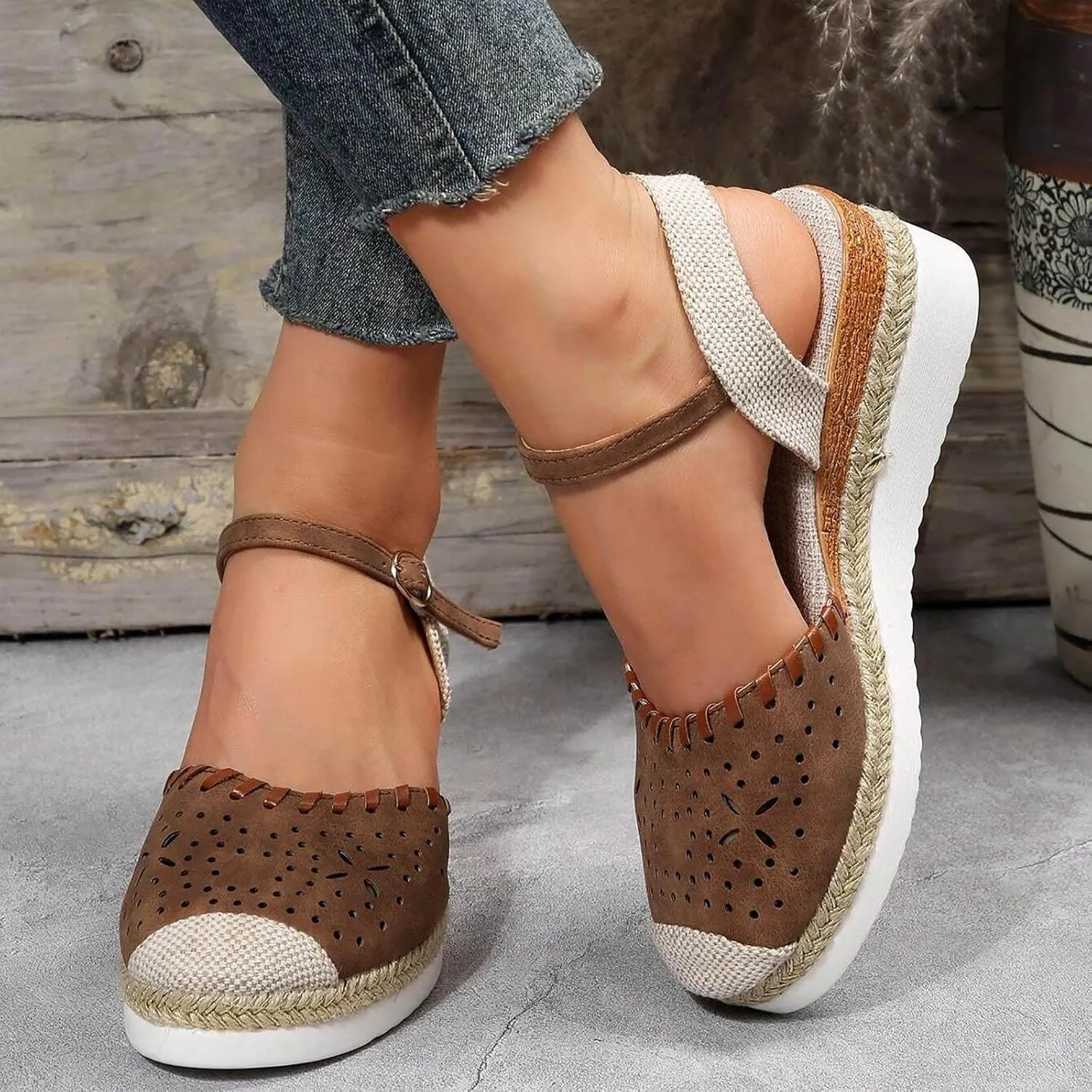 ZWRXW Closed Toe Sandals Women Arch Support Orthopedic Platform Wedge Sandals Buckle Ankle Strap Walking Sandal Boho Elegant Dressy Summer Shoes