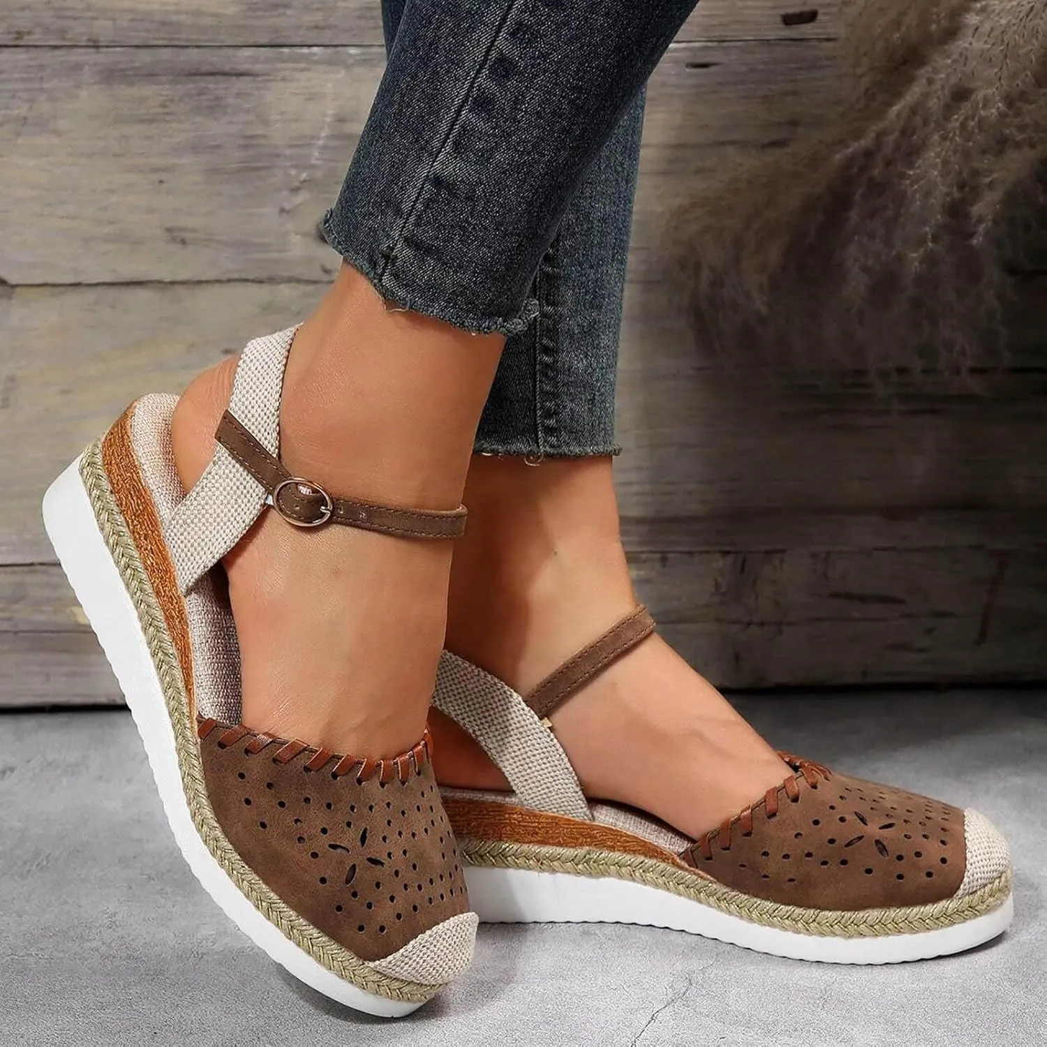 ZWRXW Closed Toe Sandals Women Arch Support Orthopedic Platform Wedge Sandals Buckle Ankle Strap Walking Sandal Boho Elegant Dressy Summer Shoes