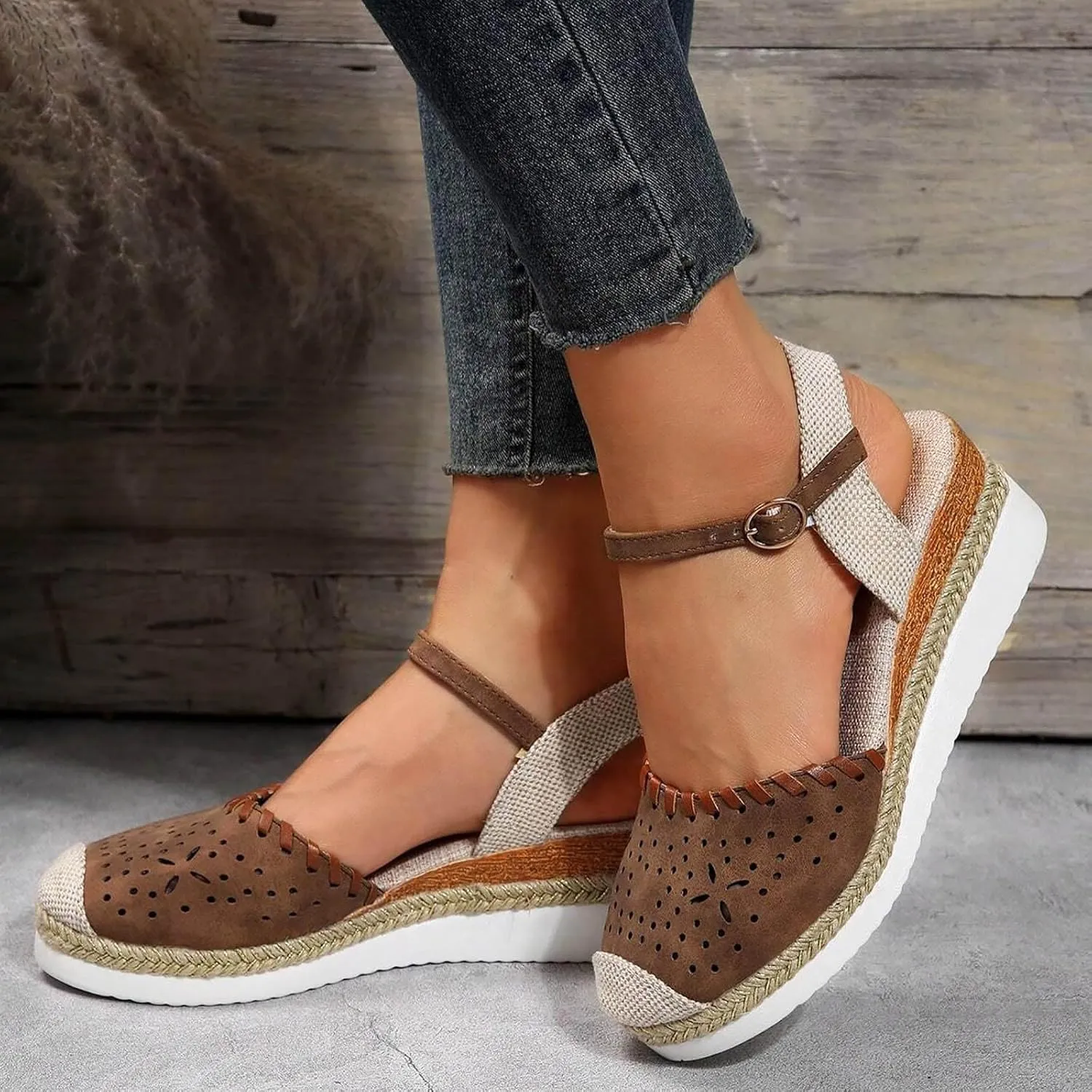 ZWRXW Closed Toe Sandals Women Arch Support Orthopedic Platform Wedge Sandals Buckle Ankle Strap Walking Sandal Boho Elegant Dressy Summer Shoes